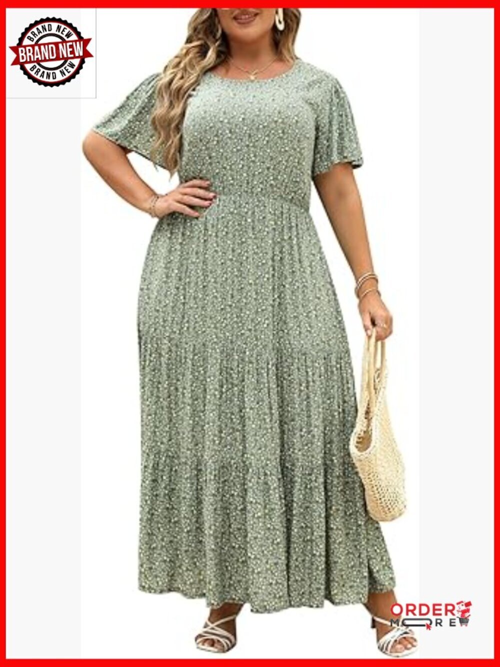 Plus Size Maxi Dress with Pockets, Boho Floral Flared Long Dress